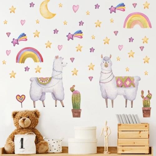 Cartoon Rainbow Alpaca Wall Stickers for Baby Bedroom Kids Room Decoration Cute Nursery Wall Decorative Home Decor Art Murals