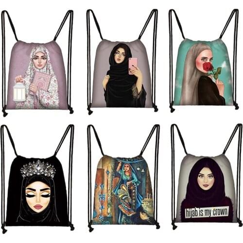 Muslim Girl Print Drawstring Bag Women Causal Backpack Ladies Large Capacity Storage Bags for Travel Girls Daypack Bookbag Gift