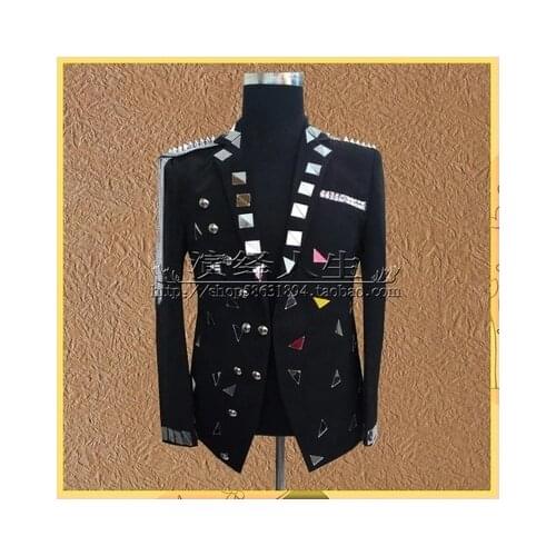 Mens luxury black mirror patch tassels shoulder stage performance jacket/dance/sing/stuido jacket