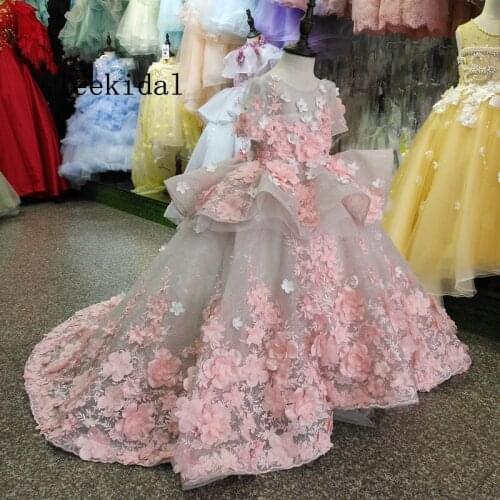 3D Lace Applique Princess Flower Girls Dresses Ball Gowns Pink 3 D Flower Applique Lace Beading Children Girls Birthday Dresses
