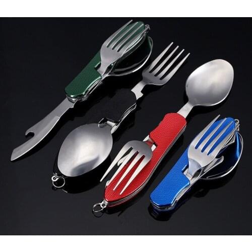 Camping Tableware Outdoor Cooking Supplies 4 In 1 Spoon Folding Pocket for Picnics Hiking Survival Multifunction Kamp Tools