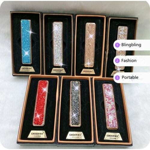 Bling fashion women luxury crystal usb charging lighter diamond no gas electric lighter rhinestones double sided cigarette case