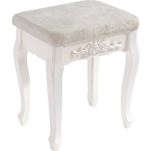 1PC Makeup Stool Ottoman MDF Wood White Lacquered Baroque Cream White Country House Rustic Upholstered Stool for Dressing Table