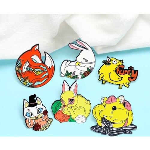 Funny Animal Brooches Rabbit Squirrel Rabbit Chicken Fox Cat Dog Enamel Pin Cute Forest Animal Lapel for Kids Badge Jewelry Gift