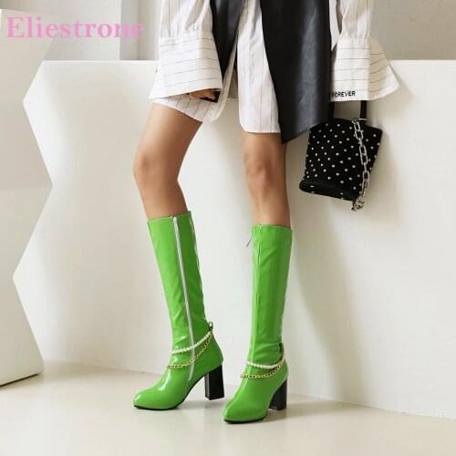 Hot 2021 Brand New Elegant Green Orange Women Riding Boots Sexy High Sqaure Heels Lady Shoes Plus Small Big Size 11 30 43 46 48