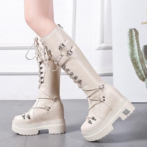 2021 Chunky Platform Leather Knee High Boots Women Retro Punk Height Increasing Long Boots Woman Lace Up Booties Winter Mujer