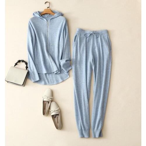 100% Cashmere Sweater Women Two Pieces Suit Real Cashmere 2 pieces Suit Ladies Fashion Knitted Top Two-piece Casual Trousers