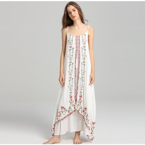 Summer new bohemian travel long dress national style retro embroidered womens suspender dress vacation seaside beach dress