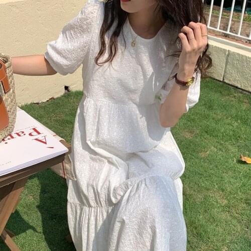 2021 Summer Hollow Embroidery Loose Short-Sleeve Dress French Round Neck Hollow Design Solid Color Puff Sleeve Dress One Piece