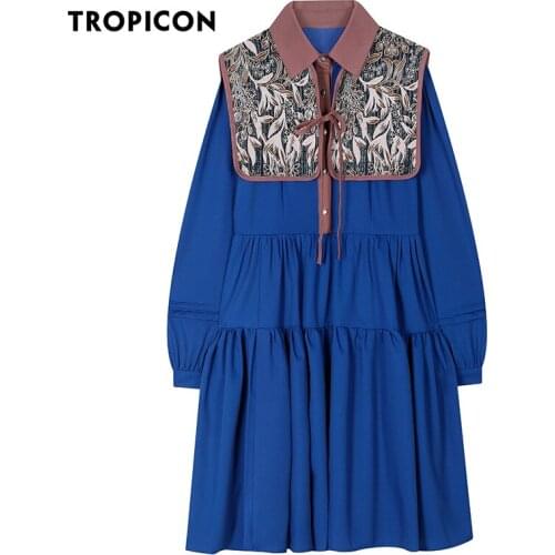 TROPICON 2021 Fashion Blue Vintage Mini Dress Women Lantern Sleeve Collar A Line Ladies Dress Long Sleeve Designer Clothing