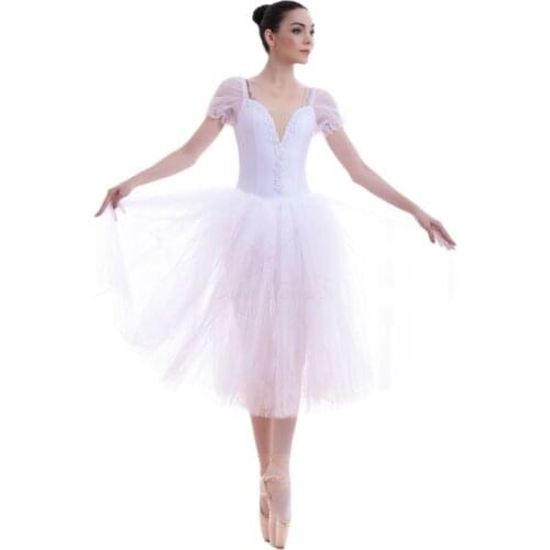 White puff sleeve ballet tutu girl & women stage performance ballet long tutu ballerina dance costume ballet tutu