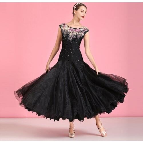 H2570 Lady Ballroom Dance Dress Rose Embroidery Wear Modern National Standard Dance Professional Performance Practice Dresses