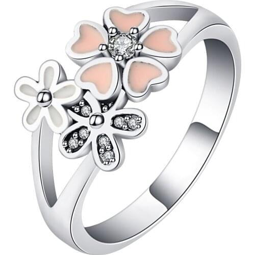 Hainon Popular Party Finger Ring pink Flower white Stone silver plated Ring for Women Fine Jewelry Size 6,7,8,9,10 Distribution