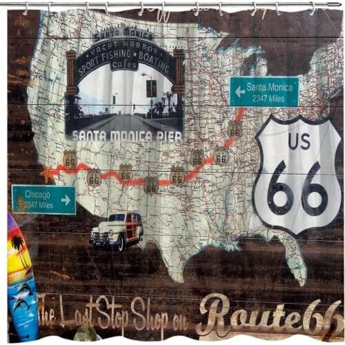 Historic US Map and Route 66 Map Fabric Bathroom Curtain Sets