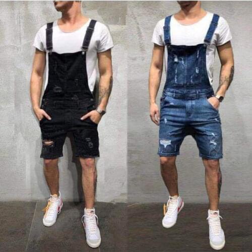 Wear White Hole Slim Fit Mens Jeans Shorts Suspenders Mens Cargo Pants Mens Street Wear Jean Shorts