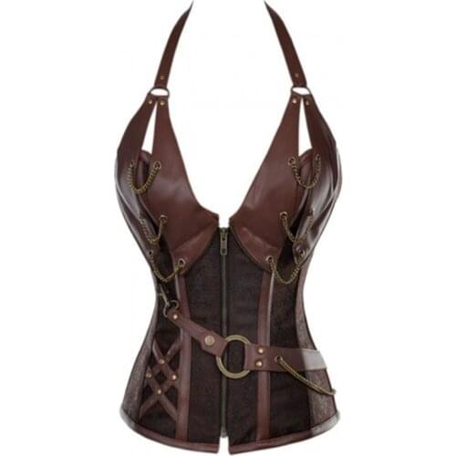 Retro Bustiers Faux Leather Steampunk Corset Black Brown Womens Zip Brocade Corset Top Plus size 6XL Sexy Chains Lingerie Korse