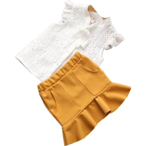 Baby Girl Clothes Suit Lace Shirts + Skirts Sets Clothing Suit 2021 Summer Hollow Out Tops Yellow Skirt 2 Pcs Set 3-8Y