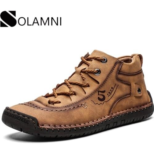 Retro Leather Boots Mens Casual Shoes Comfortable Waterproof Ankle Boots Male Anti-Slip Winter Warm Fur Boots Big Size Flat Shoe