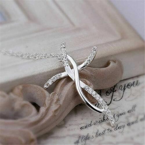 Beautiful And Cute Silver Color crystal Women Necklace Fashion wedding charms Cross jewelry