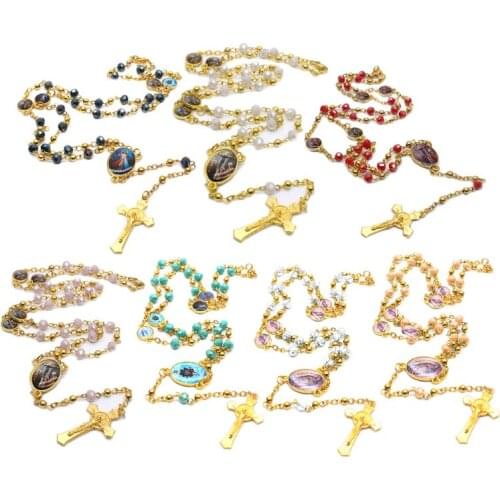 Cross Pendant Rosary Necklace Christian Religion Jesus Glass Crystal Chain Charm