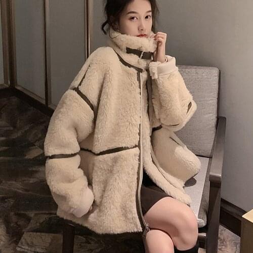Korean Lambswool Jacket Womens Autumn Winter Loose Turtleneck Jackets Vintage Elegant Basic Coat Ladies Outerwear