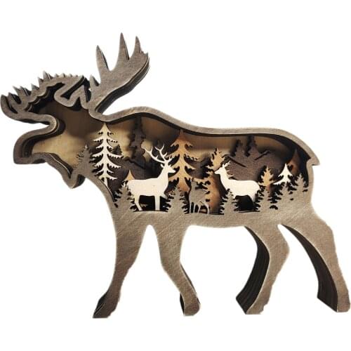 Forest Animal Wooden Home Ornament Elk in Forest Wood Art Decor for Home Office Bar Cafe