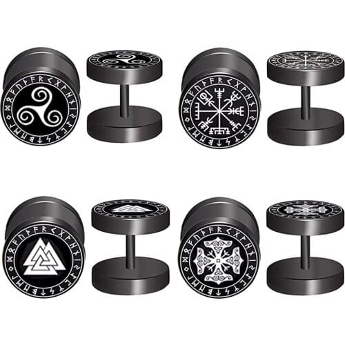 Fashion Viking Odins Black Stainless Steel Earring Barbell Ear Stud For Women Men Fake Ear Plug