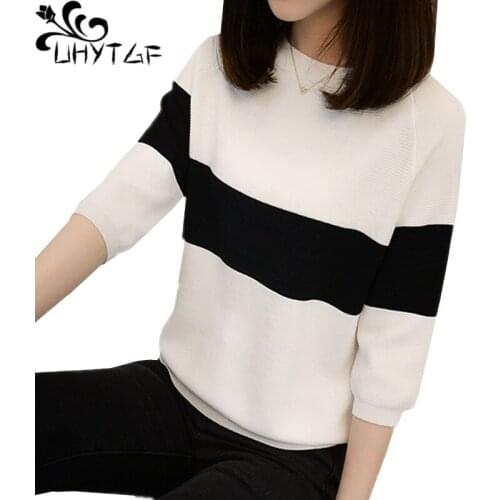 UHYTGF Autumn T-shirts for women fashion ice silk knit pullover loose tops women three-quarter sleeves elegant women t shirt 530