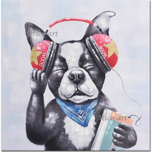 Kids Room Wall Decorative Cartoon Painting Cute Dog Lisening Music Wall Art Picture Hand-painted Cartoon Oil Painting Canvas