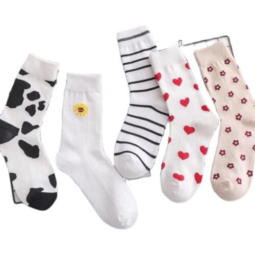 10 Pairs Spring Summer Middle Tube College Design Female Socks Sweet Heart Flower Stripes Pattern Women Lovely Cotton Sock