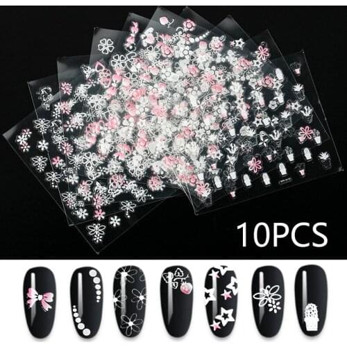 New 10 Sheets 3D Nail Sticker Transparent Bottom Pink white Flower Leaf Butterfly Series Nail Sticker Decoration