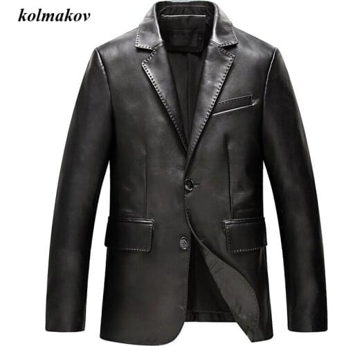 New Arrival Spring Style Men Boutique Genuine Leather Business Casual Single Breasted Botton Solid Fur Blazer Dress Size M-4XL