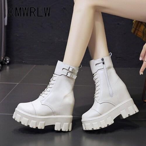 XMWRLW Autumn Womens Boots PU Leather Mid-Calf Boot For Women Autumn Shoes Hidden Heel Women Boots Platform Shoes Ladies Boot