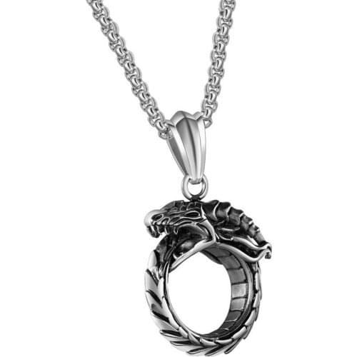 Ouroboros Titanium Steel Pendant Necklace Punk Style Mens Personal Domineering Retro Sweater Chain