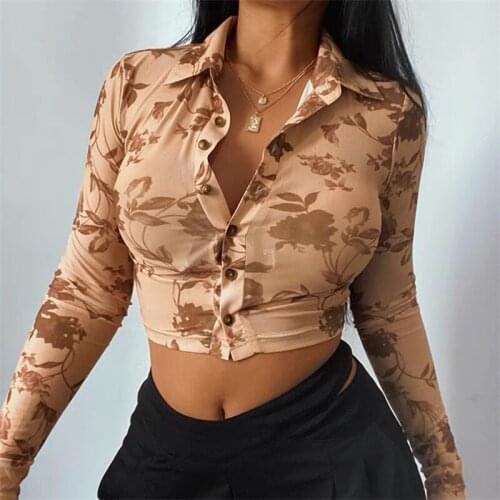 Hirigin Floral Print Buttons Up Shirts Blouses Crop Tops 2021 Y2K Style Long Sleeve V-neck Autumn Spring Causal Slim Shirts