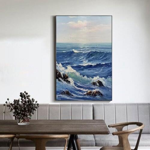 Hand-painted contemporary cloth of blue abstract painting beautiful seascape new home sitting room wall adornment art by hand