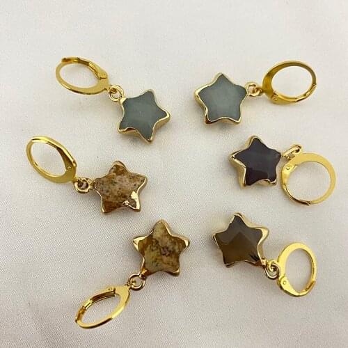 Goldtone Stainless Steel Star Stone Earrings Huggie Hinged Facted Crystal Natural Quartz Tiny Dangle Drop Earrings