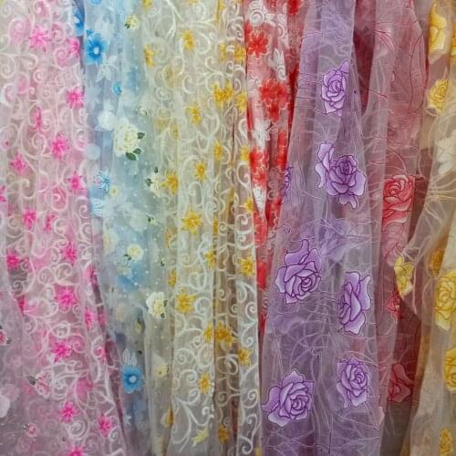 Wedding Decoration Organza Bling Fabric Thin with Flower Prints Curtain Tulle Packing Party Decro Material Fabric 1 Yard