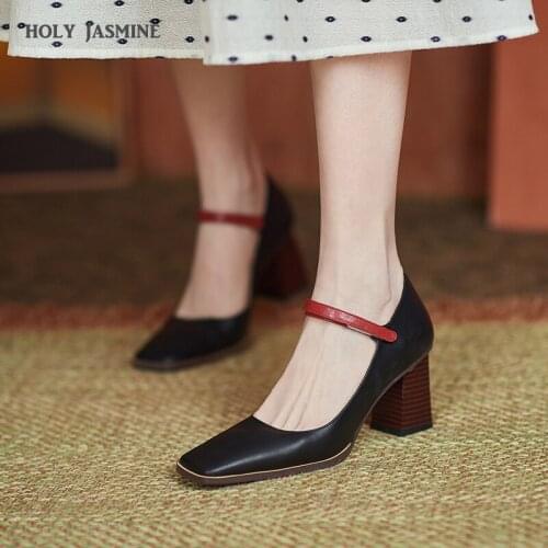 Mary Janes Platform Shoes for Women Genuine Leather Buckle Square Toe Shoes Woman Night Club High Heels Pumps Female heels women