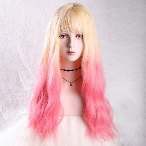 VICWIG Long Curly Wig With Bangs Pink Red Gradient Water Ripple Heat-resistant Synthetic Wig