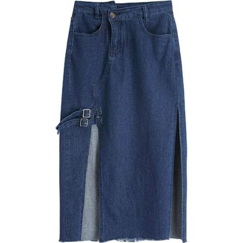 PERHAPS U Women Blue Denim Empire Zipper Midi Skirt Straight Casual Autumn Elegant Striaght Splited S0228