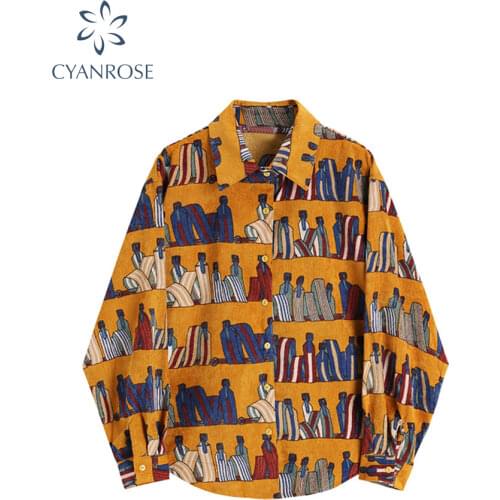 Womens Long Sleeve Shirt Streetwear Ethnic Print Shirt Loose Corduroy Long Sleeve Vintage Blouses For Women Fashion 2021 Autumn