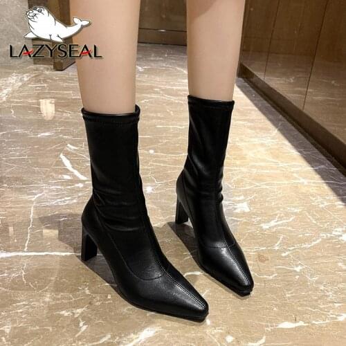 Lazyseal Women Boots 8.5 High Heel Clear Shoes Sewing Solid Color Sock Boots Patent Leather Ankle Boot Womens Shoes For Autumn