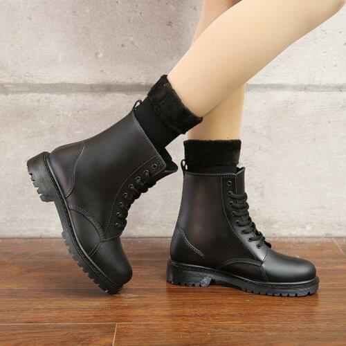 Womens Fashion Rainboots Waterproof Shoes Woman Mud Water Shoes Rubber Lace Up PVC Ankle Boots Sewing Rain Boots plus size 44
