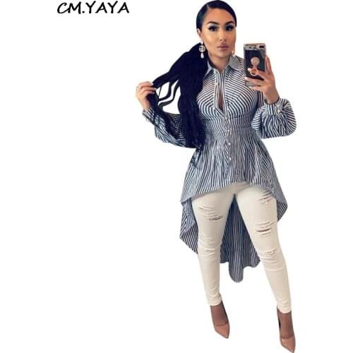 Women sexy fashion striped irregular hem high low turn-down neck long sleeve high waist maxi blouses shirts 3 Colors S-3XL P8134