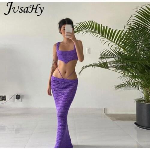 JuSaHy Elegant Knitted Autumn Two Pieces Sets for Women Sleeveless Square Neck Crop Top+Maxi Skirts Matching Outfits Streetwear