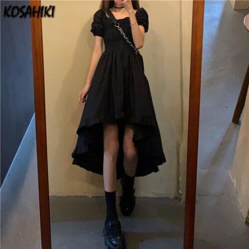 KOSAHIKI Square Collar Short Sleeve Dress Women Asymmetrical Lenth Ruffle Black Dresses 2021 Korean Gothic Robe Vestido Mujer