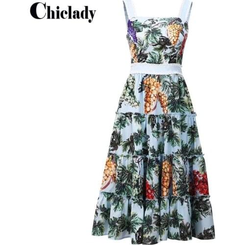 CHICLADY light blue women spaghetti strap Pineapple fruit floral printed camisole lady midi A-line dresses holiday boho vestidos
