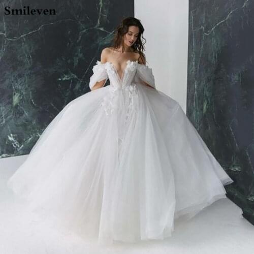 Smileven Princess Wedding Dress V Neck Ball Gown Puffy Tulle Bridal Dresses 2021 Off The Shoulder Wedding Gowns