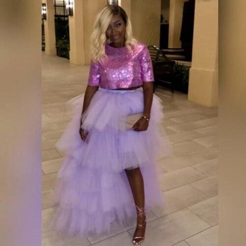 Asymmetrical Lilac Prom Gowns Tiered Long Sequin Hi low Party Dresses Bling Sleeves Vestido De Festa Longo